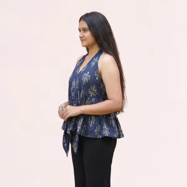 VIAM_Women's_Navy_Blue_Cotton_Blend_Printed_Halter_Neck_Sleeveless_Short_Kurti_|_Casual_Wear
