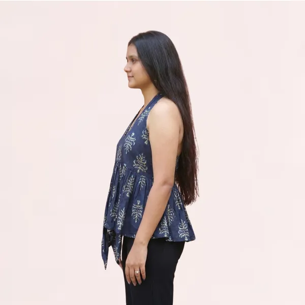 VIAM_Women's_Navy_Blue_Cotton_Blend_Printed_Halter_Neck_Sleeveless_Short_Kurti_|_Casual_Wear