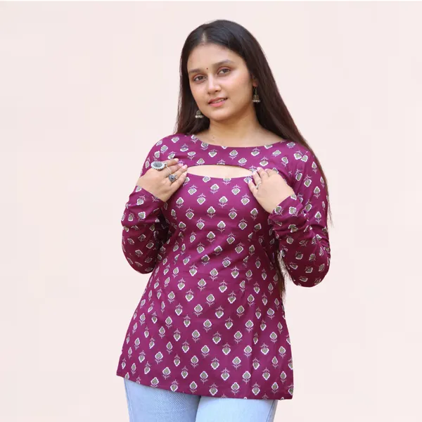 VIAM_Women_Wine_Printed_Short_Kurti_with_Detachable_Shrug_Sleeves
