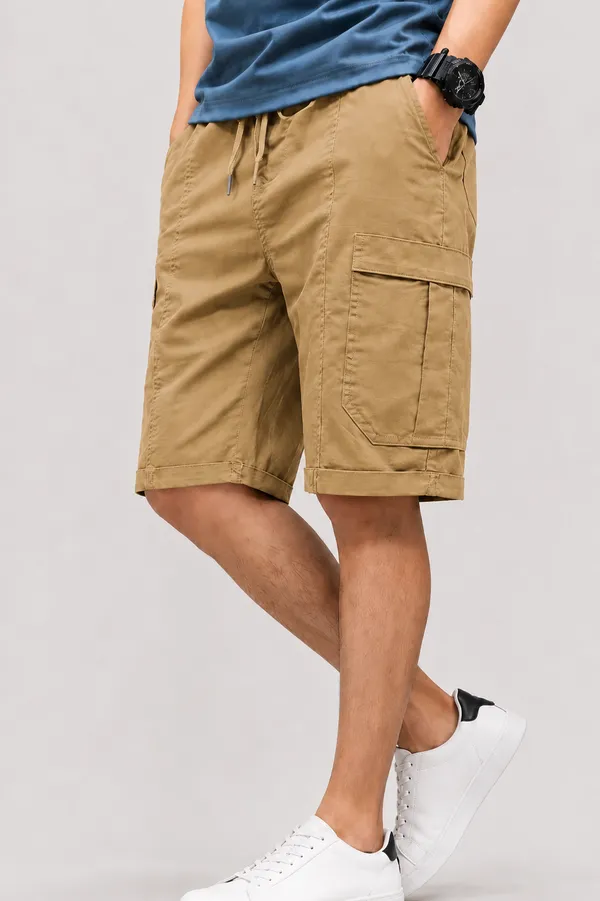 Khaki_Premium_Cotton_Relaxed_Fit_Cargo_Shorts_For_Men