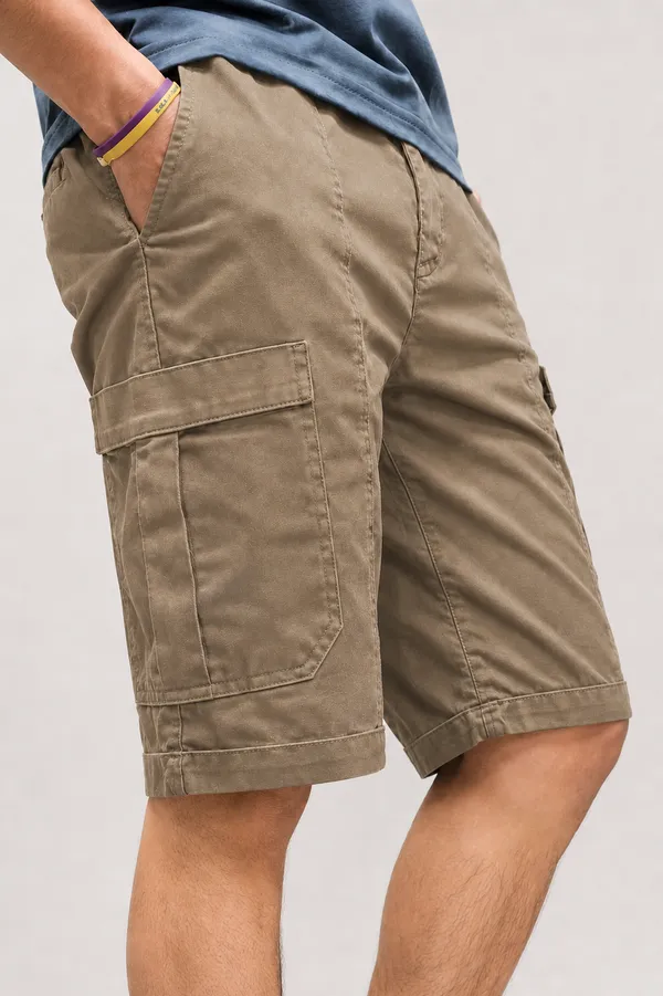 Khaki_Premium_Cotton_Relaxed_Fit_Cargo_Shorts_For_Men