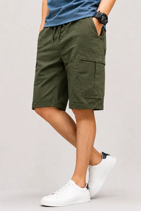 Olive_Green_Premium_Cotton_Relaxed_Fit_Cargo_Shorts_For_Men