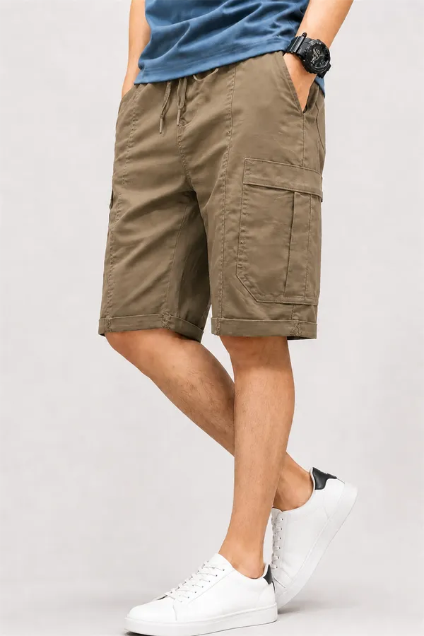 Khaki_Premium_Cotton_Relaxed_Fit_Cargo_Shorts_For_Men