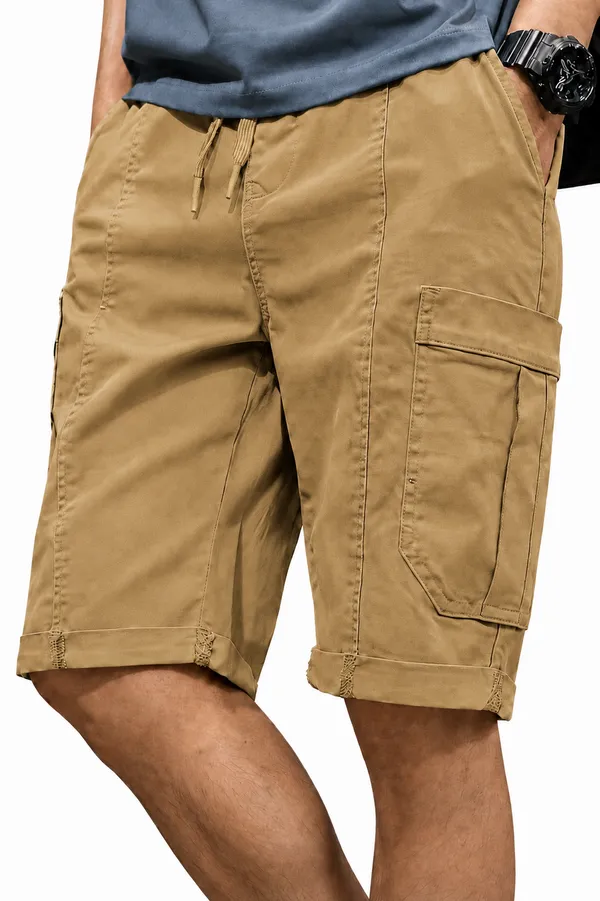 Khaki_Premium_Cotton_Relaxed_Fit_Cargo_Shorts_For_Men