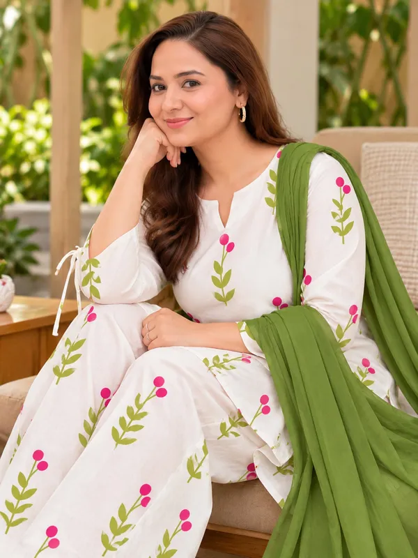 White_Floral_Print_Kurta_Set_With_Green_Dupatta_for_Women