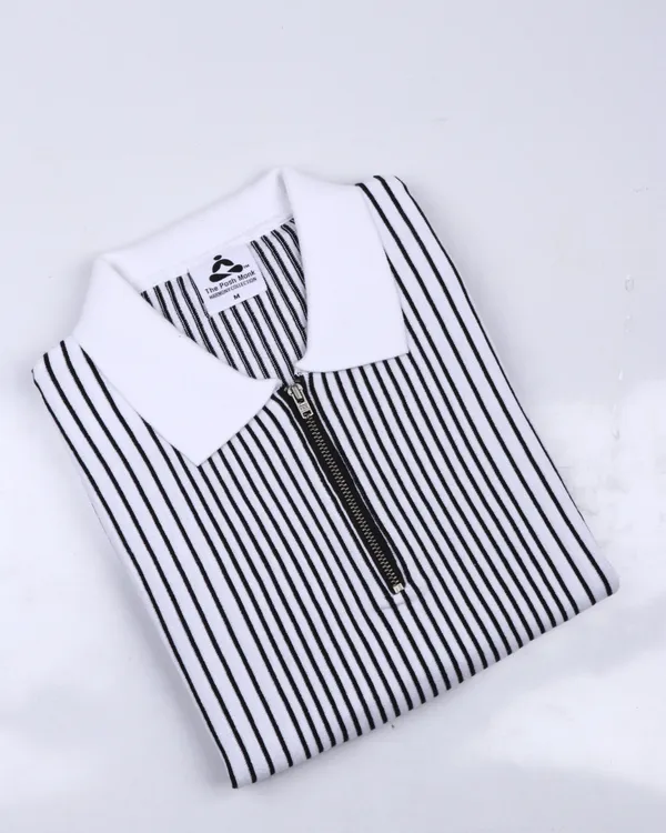 White_Cotton_Vertical_Pin_Stripe_Flat_Knit_Polo_T-Shirt_For_Men