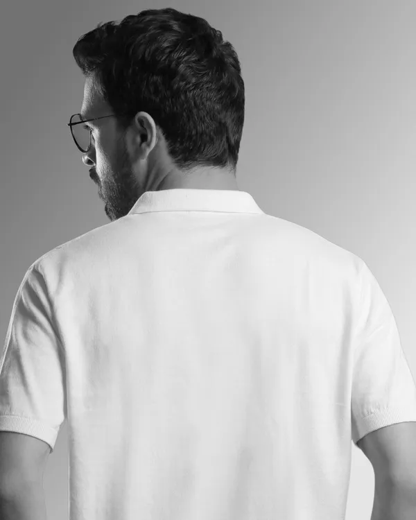 White_Cotton_Ribbed_Flat_Knit_Polo_T-Shirt_For_Men