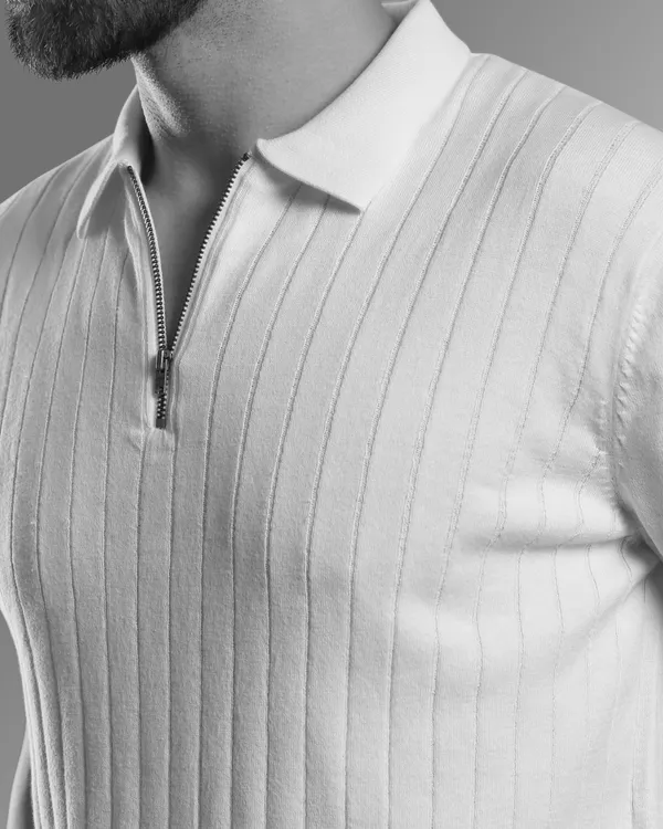 White_Cotton_Ribbed_Flat_Knit_Polo_T-Shirt_For_Men