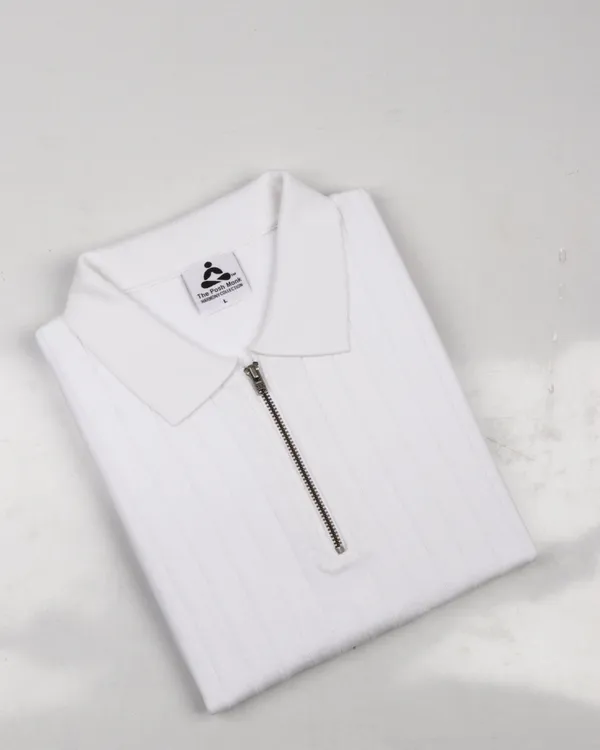 White_Cotton_Ribbed_Flat_Knit_Polo_T-Shirt_For_Men