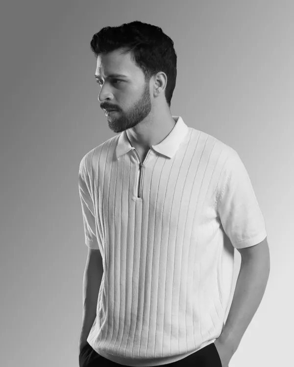 White_Cotton_Ribbed_Flat_Knit_Polo_T-Shirt_For_Men