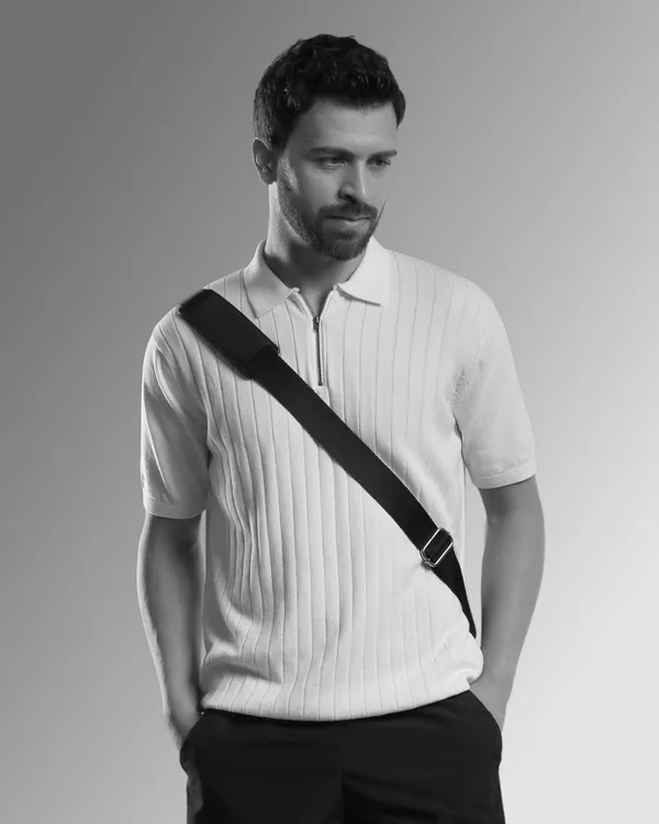 White_Cotton_Ribbed_Flat_Knit_Polo_T-Shirt_For_Men