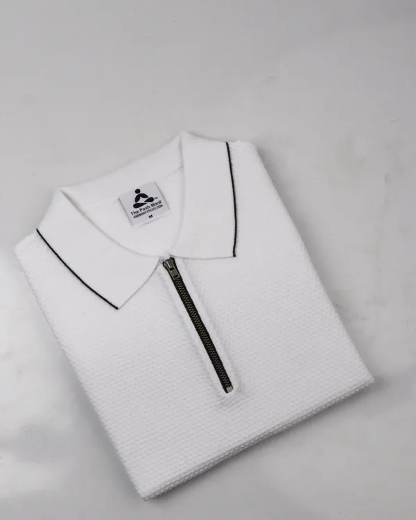 White_Cotton_Textured_Flat_Knit_Polo_T-Shirt_For_Men