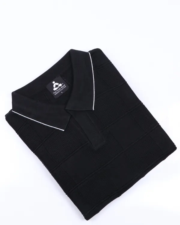 Black_Cotton_Grid_Flat_Knit_Polo_T-Shirt_For_Men