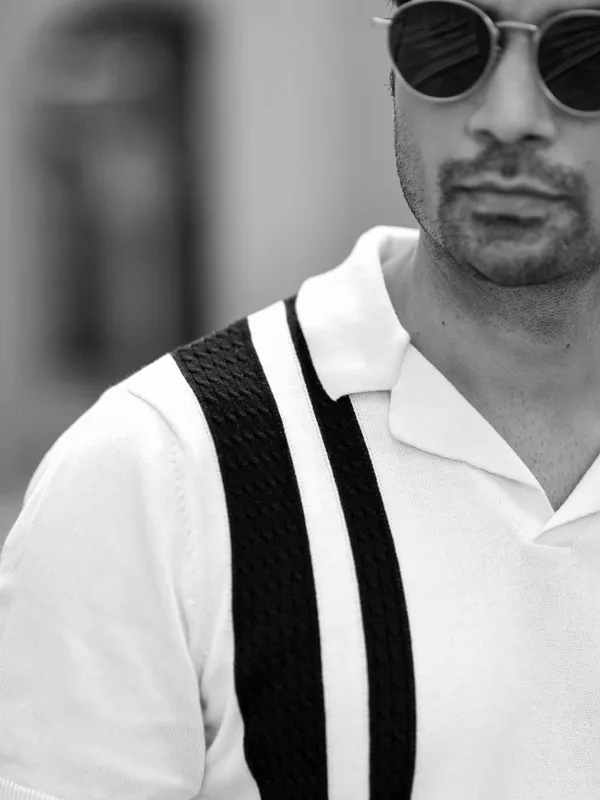 White_Cotton_Retro_Striped_Flat_Knit_Polo_T-Shirt_For_Men