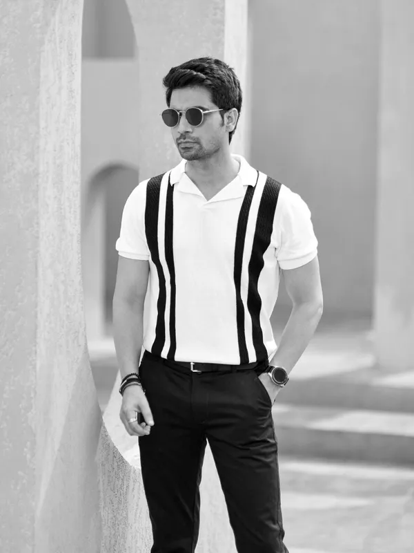 White_Cotton_Retro_Striped_Flat_Knit_Polo_T-Shirt_For_Men