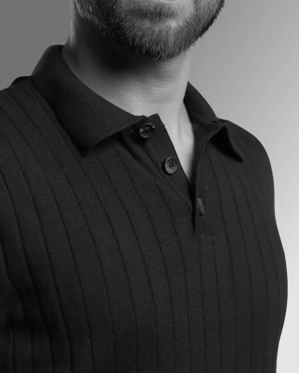 Black_Cotton_Ribbed_Flat_Knit_Polo_T-Shirt_For_Men