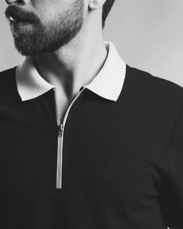 Black_Polyester_Contrast_Zipper_Performance_Polo_T-Shirt_For_Men