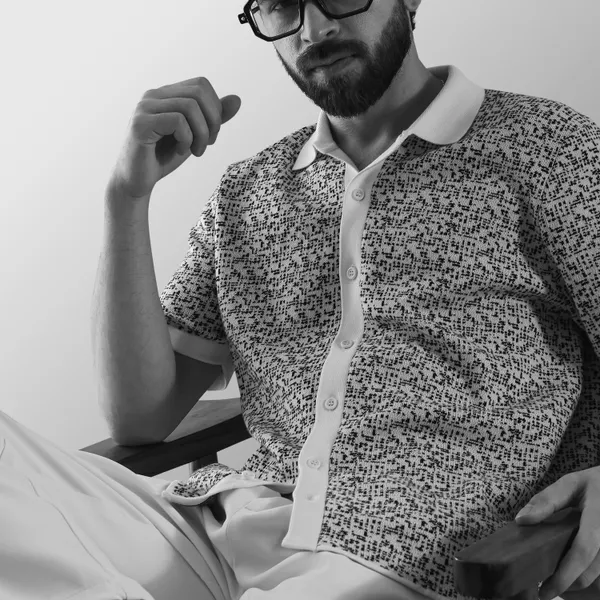 Black-White_Cotton_Mosaic_Flat_Knit_Half_Sleeve_Shirt_For_Men