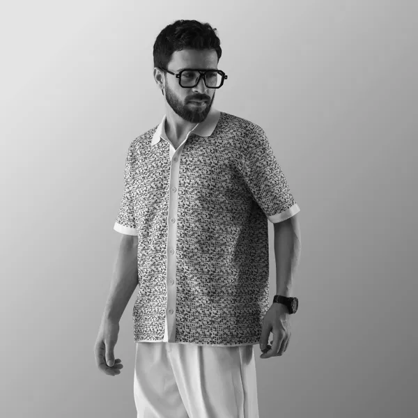 Black-White_Cotton_Mosaic_Flat_Knit_Half_Sleeve_Shirt_For_Men
