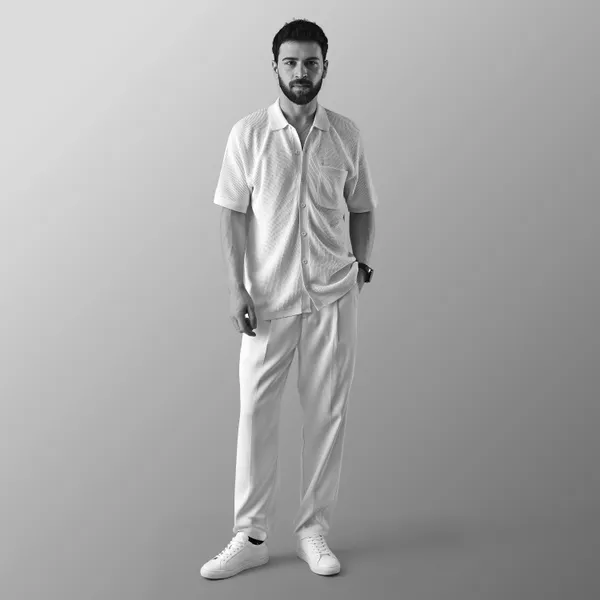 White_Cotton_Textured_Flat_Knit_Half_Sleeve_Shirt_For_Men