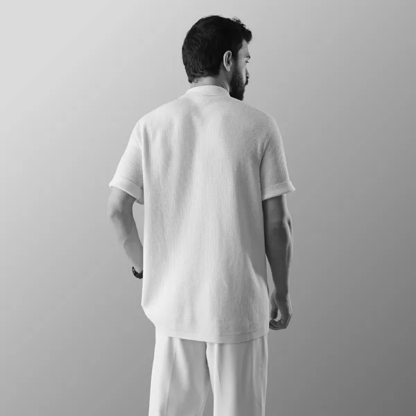 White_Cotton_Textured_Flat_Knit_Half_Sleeve_Shirt_For_Men