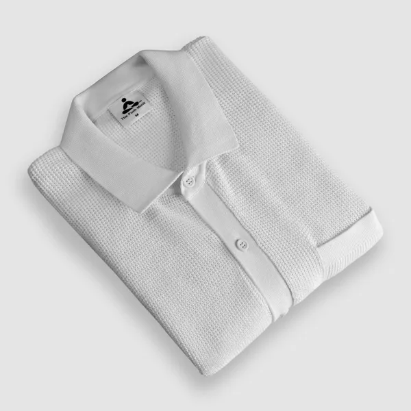 White_Cotton_Textured_Flat_Knit_Half_Sleeve_Shirt_For_Men