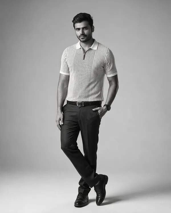 White_Cotton_Vertical_Pin_Stripe_Flat_Knit_Polo_T-Shirt_For_Men