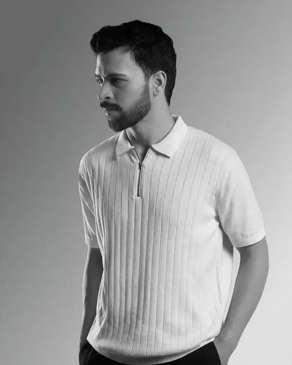 White_Cotton_Ribbed_Flat_Knit_Polo_T-Shirt_For_Men