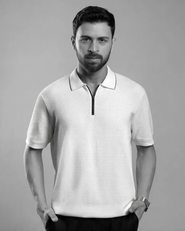 White_Cotton_Textured_Flat_Knit_Polo_T-Shirt_For_Men