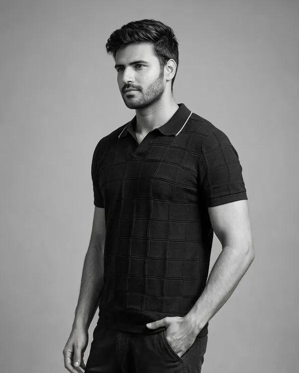 Black_Cotton_Grid_Flat_Knit_Polo_T-Shirt_For_Men