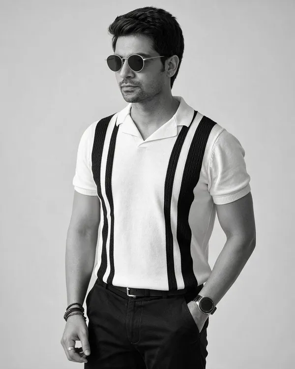 White_Cotton_Retro_Striped_Flat_Knit_Polo_T-Shirt_For_Men