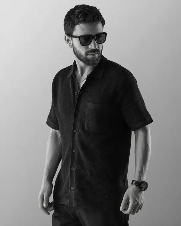 Black_Cotton_Textured_Flat_Knit_Half_Sleeve_Shirt_For_Men