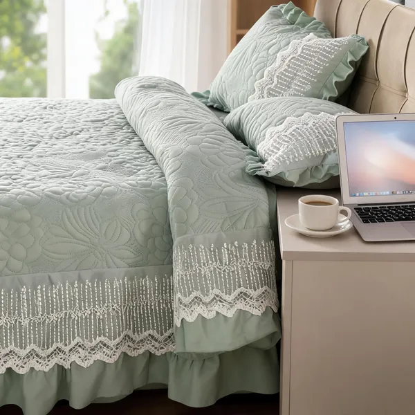Mint_Green_Cotton_Lace_Bed_Cover_For_Bedroom