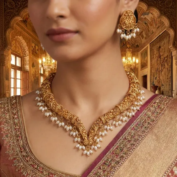 Pearl_Drop_Choker_Necklace_Set_With_Haram_Pendant_And_Jhumka_Earrings