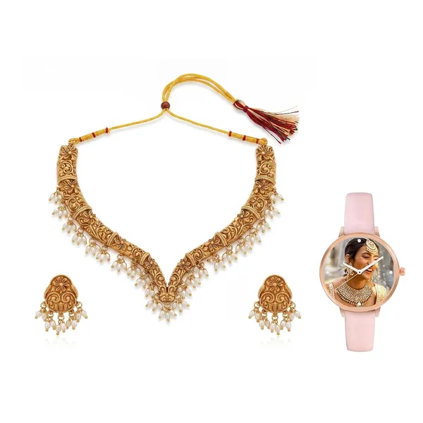 Pearl_Drop_Choker_Necklace_Set_With_Haram_Pendant_And_Jhumka_Earrings