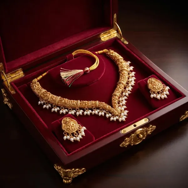 Pearl_Drop_Choker_Necklace_Set_With_Haram_Pendant_And_Jhumka_Earrings