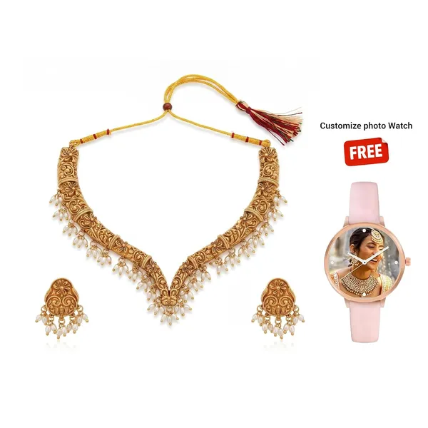 Pearl_Drop_Choker_Necklace_Set_With_Haram_Pendant_And_Jhumka_Earrings