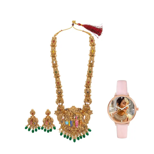 Temple_Design_Jewellery_Set_With_Pendant_And_Jhumka_Earrings