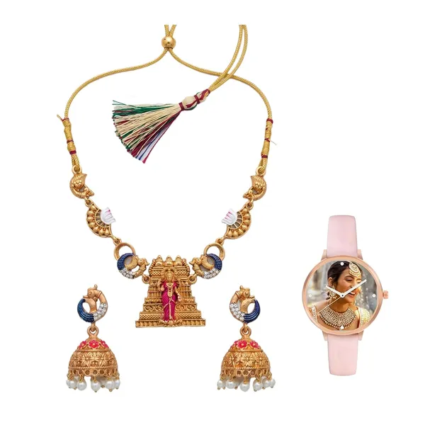 Temple_Design_Jewellery_Set_With_Pendant_And_Jhumka_Earrings