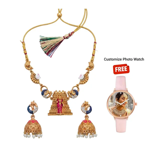 Temple_Design_Jewellery_Set_With_Pendant_And_Jhumka_Earrings