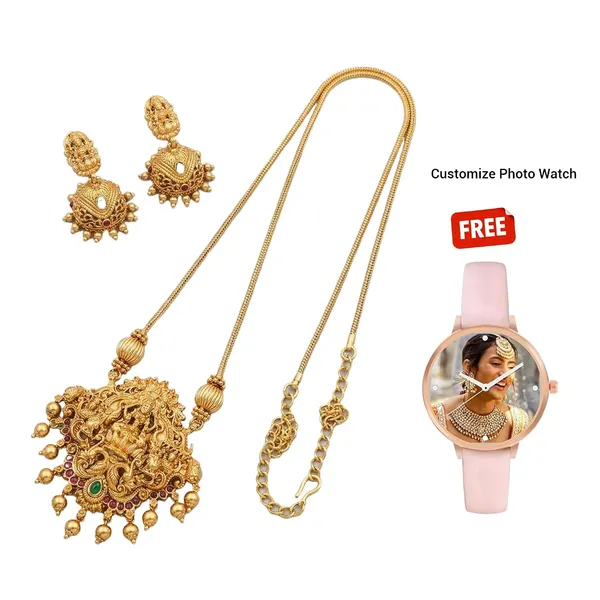 Temple_Design_Jewellery_Set_With_Pendant_And_Jhumka_Earrings