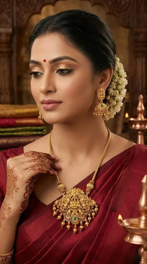 Temple_Design_Jewellery_Set_With_Pendant_And_Jhumka_Earrings