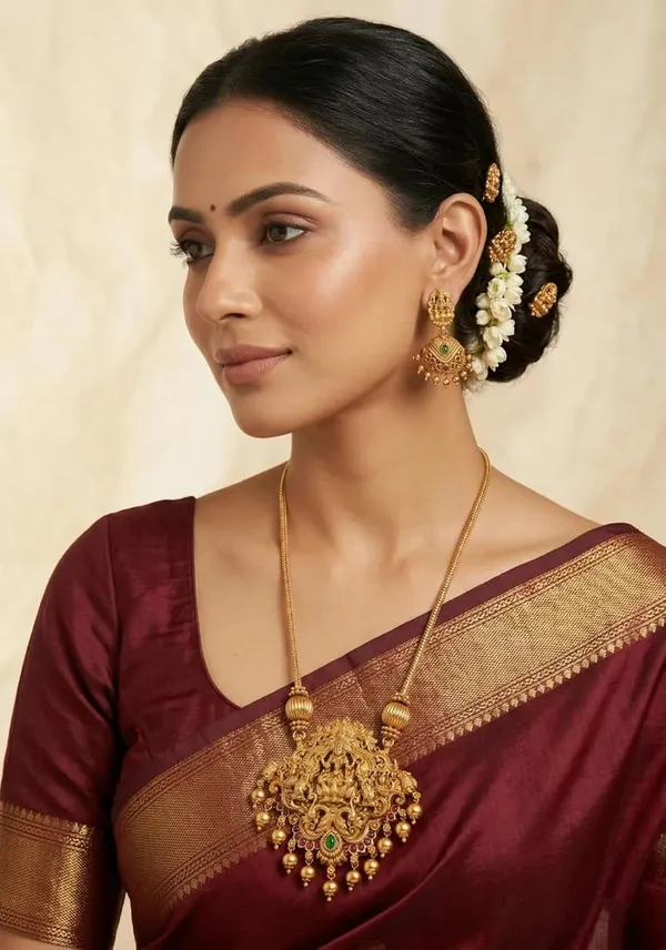 Temple_Design_Jewellery_Set_With_Pendant_And_Jhumka_Earrings