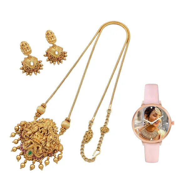 Temple_Design_Jewellery_Set_With_Pendant_And_Jhumka_Earrings