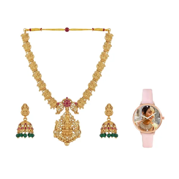 Goddess_Lakshmi_Temple_Jewellery_Set_With_Haram_Pendant_And_Jhumka_Earrings