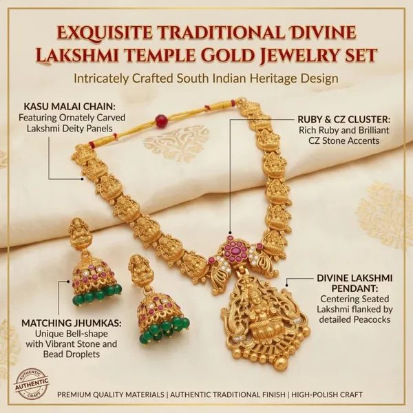 Goddess_Lakshmi_Temple_Jewellery_Set_With_Haram_Pendant_And_Jhumka_Earrings