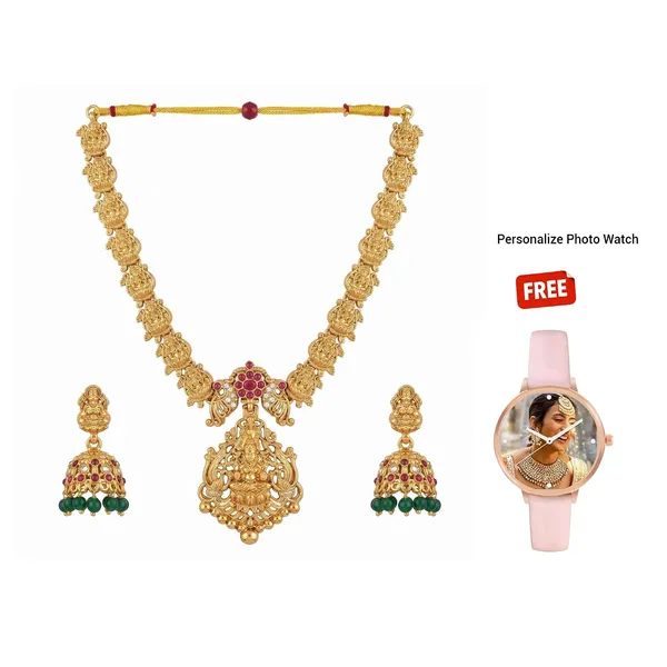 Goddess_Lakshmi_Temple_Jewellery_Set_With_Haram_Pendant_And_Jhumka_Earrings