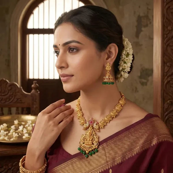 Goddess_Lakshmi_Temple_Jewellery_Set_With_Haram_Pendant_And_Jhumka_Earrings