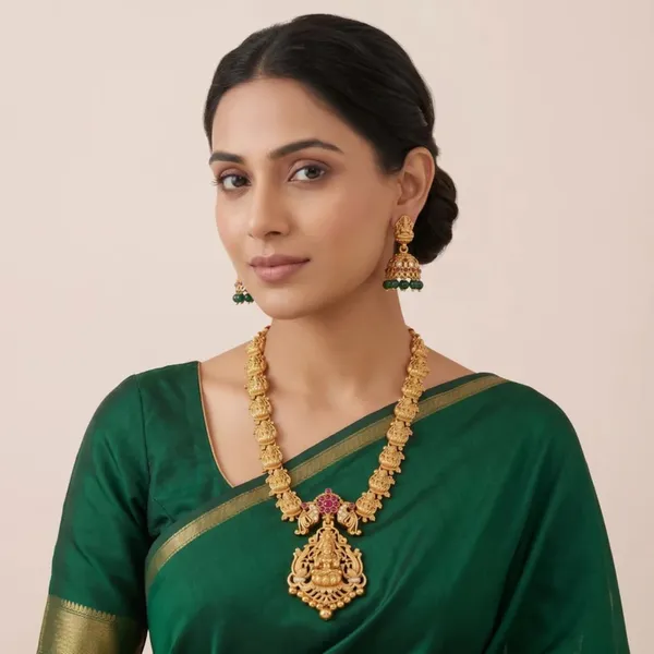 Goddess_Lakshmi_Temple_Jewellery_Set_With_Haram_Pendant_And_Jhumka_Earrings