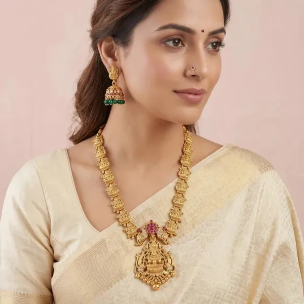 Goddess_Lakshmi_Temple_Jewellery_Set_With_Haram_Pendant_And_Jhumka_Earrings